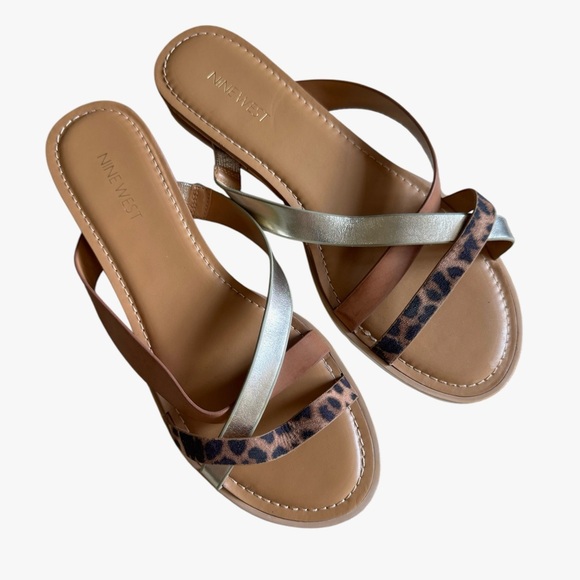 New Nine West Dallan Slip On Sandals Tan Gold Leopard Strappy Cork Sole Size 9.5 - Picture 1 of 5